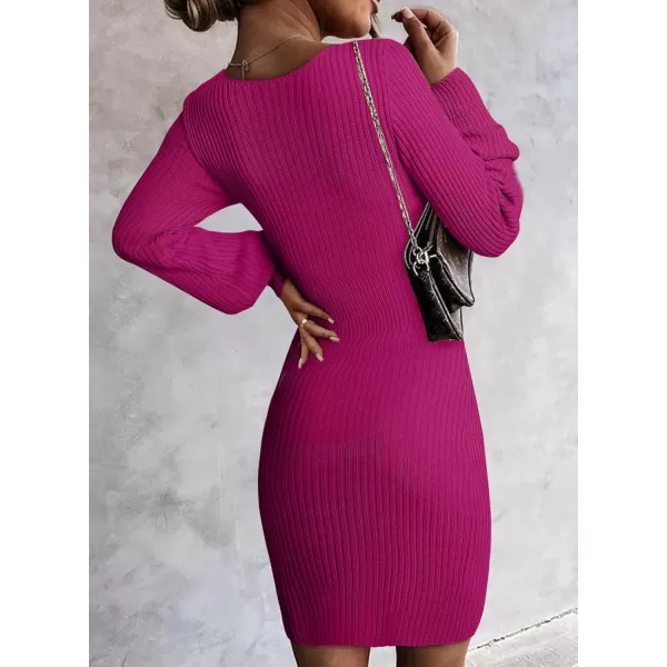 Sidefeel Womens 2024 Winter Ribbed Knit Sweater Dress Casual Long Sleeve Fall Dresses Sexy V Neck Bodycon Mini DressHot Pink