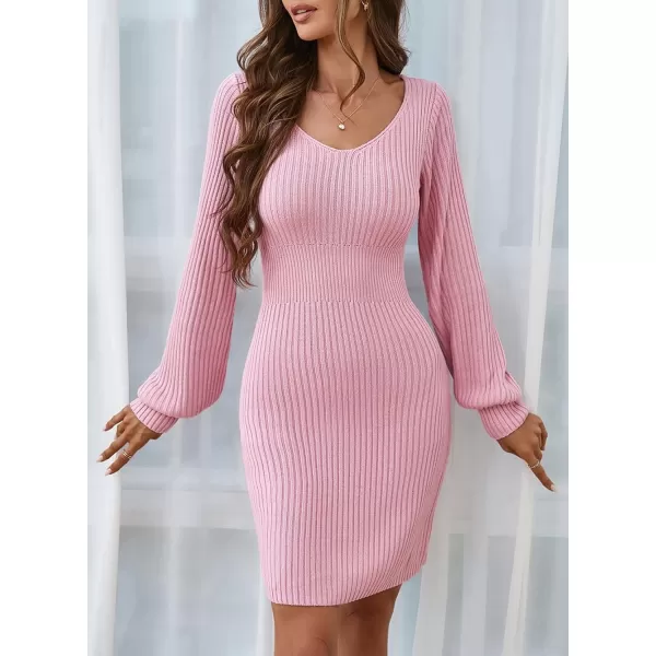 Sidefeel Womens 2024 Winter Ribbed Knit Sweater Dress Casual Long Sleeve Fall Dresses Sexy V Neck Bodycon Mini DressPink