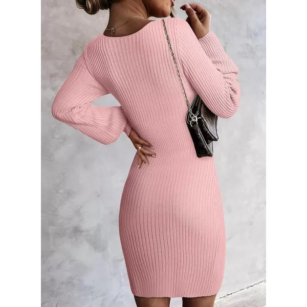 Sidefeel Womens 2024 Winter Ribbed Knit Sweater Dress Casual Long Sleeve Fall Dresses Sexy V Neck Bodycon Mini DressPink