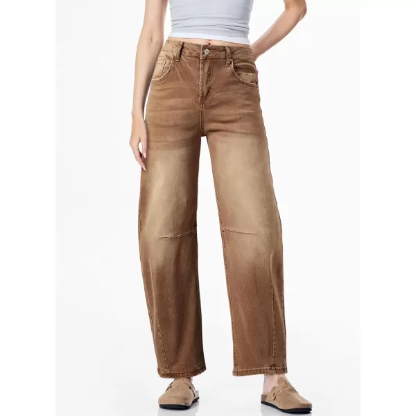 Sidefeel Womens Barrel Jeans Wide Leg Vintage Mid Rise Y2k Baggy Boyfriend Ankle Denim PantsBrown