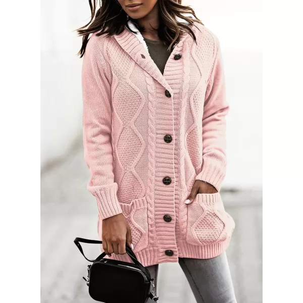 Sidefeel Womens Cardigan Sweaters Hooded Fleece Lined Button Down Front Jackets Winter Coat with PocketsHooded Pink