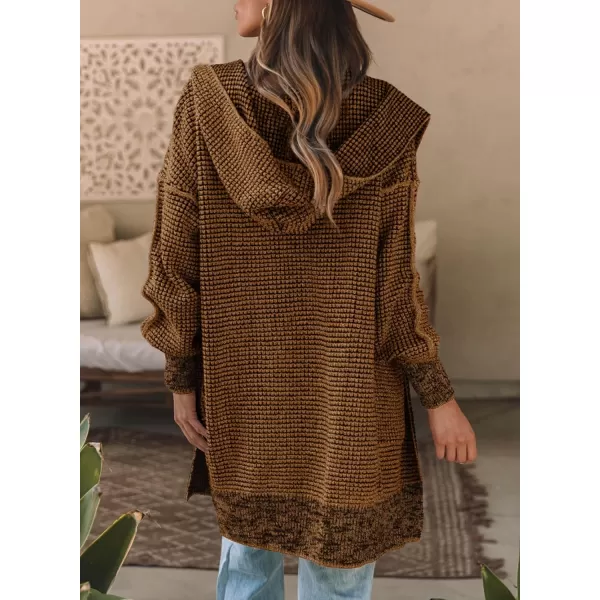 Sidefeel Womens Cardigan Sweaters Hooded Oversized Open Front Chunky Knit Plaid Sweater Coat Fall Fashion TopsBrown