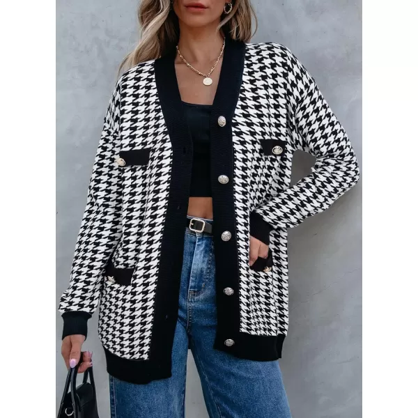 Sidefeel Womens Cardigan Sweaters Open Front Button Down Plaid Chunky Knit Jackets with PocketsBlack