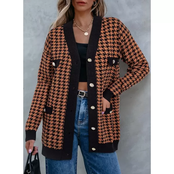 Sidefeel Womens Cardigan Sweaters Open Front Button Down Plaid Chunky Knit Jackets with PocketsBrown