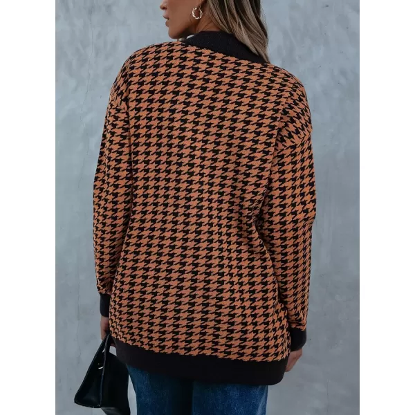 Sidefeel Womens Cardigan Sweaters Open Front Button Down Plaid Chunky Knit Jackets with PocketsBrown