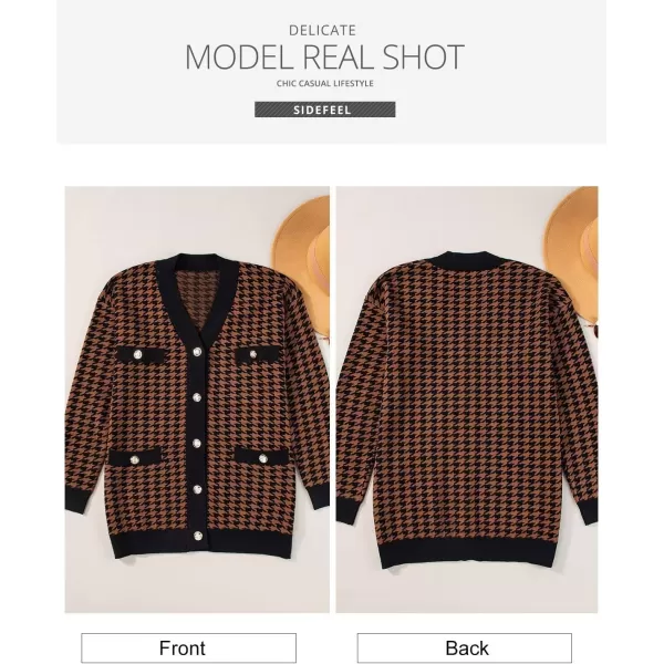 Sidefeel Womens Cardigan Sweaters Open Front Button Down Plaid Chunky Knit Jackets with PocketsBrown