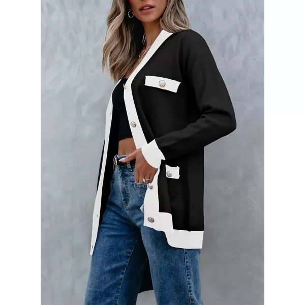 Sidefeel Womens Cardigan Sweaters Open Front Button Down Plaid Chunky Knit Jackets with PocketsDark Black