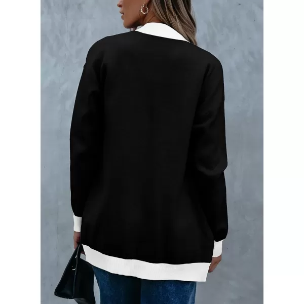 Sidefeel Womens Cardigan Sweaters Open Front Button Down Plaid Chunky Knit Jackets with PocketsDark Black