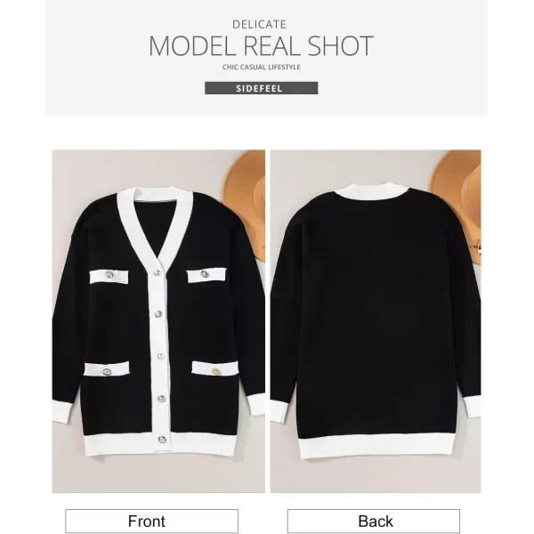 Sidefeel Womens Cardigan Sweaters Open Front Button Down Plaid Chunky Knit Jackets with PocketsDark Black