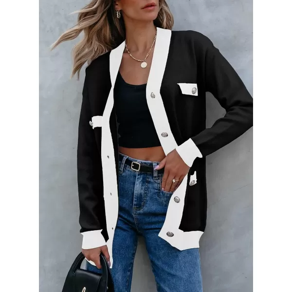 Sidefeel Womens Cardigan Sweaters Open Front Button Down Plaid Chunky Knit Jackets with PocketsDark Black