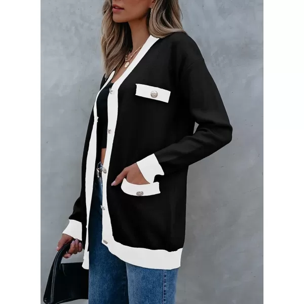 Sidefeel Womens Cardigan Sweaters Open Front Button Down Plaid Chunky Knit Jackets with PocketsDark Black