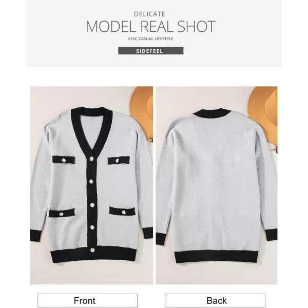 Sidefeel Womens Cardigan Sweaters Open Front Button Down Plaid Chunky Knit Jackets with PocketsGray