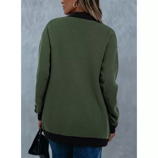 Sidefeel Womens Cardigan Sweaters Open Front Button Down Plaid Chunky Knit Jackets with PocketsGreen