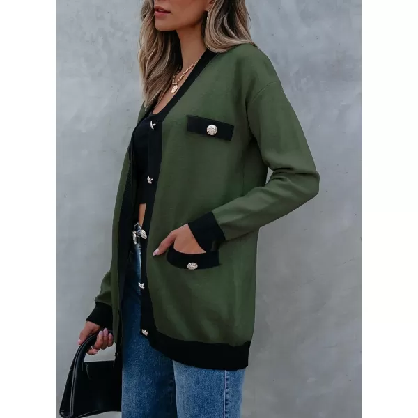 Sidefeel Womens Cardigan Sweaters Open Front Button Down Plaid Chunky Knit Jackets with PocketsGreen