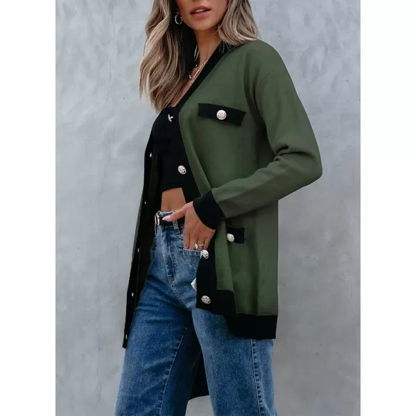Sidefeel Womens Cardigan Sweaters Open Front Button Down Plaid Chunky Knit Jackets with PocketsGreen