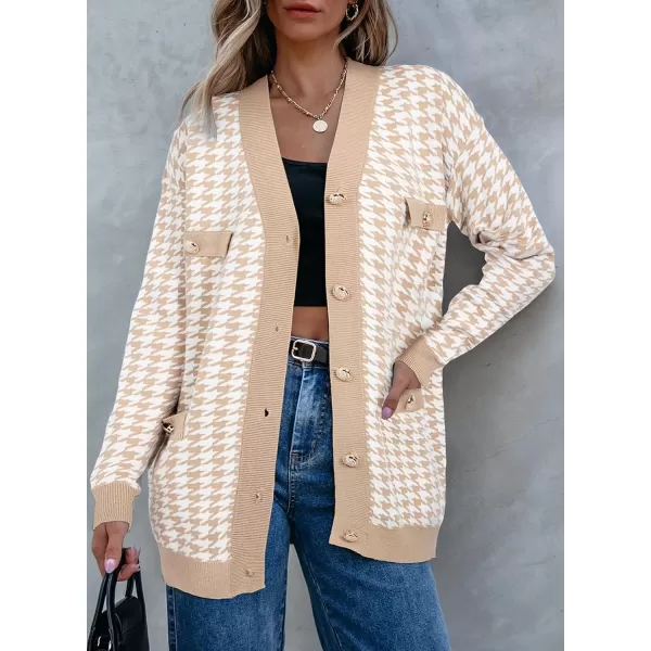 Sidefeel Womens Cardigan Sweaters Open Front Button Down Plaid Chunky Knit Jackets with PocketsKhaki