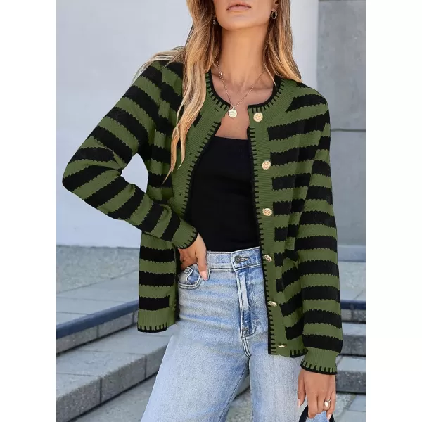 Sidefeel Womens Cardigan Sweaters Striped Open Front Button Down Knitted Coat Cropped Fall Fashion OutwearArmy Green Stripe