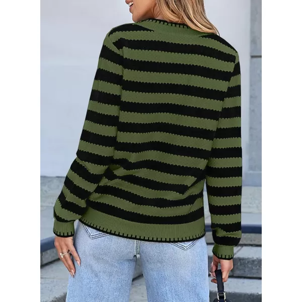 Sidefeel Womens Cardigan Sweaters Striped Open Front Button Down Knitted Coat Cropped Fall Fashion OutwearArmy Green Stripe