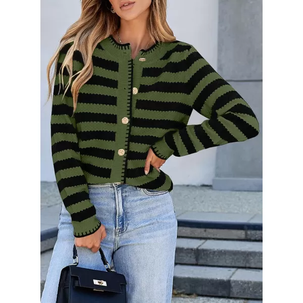 Sidefeel Womens Cardigan Sweaters Striped Open Front Button Down Knitted Coat Cropped Fall Fashion OutwearArmy Green Stripe