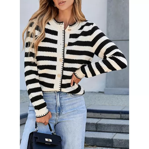 Sidefeel Womens Cardigan Sweaters Striped Open Front Button Down Knitted Coat Cropped Fall Fashion OutwearBlack Stripe