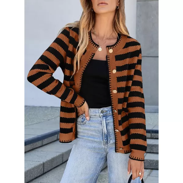 Sidefeel Womens Cardigan Sweaters Striped Open Front Button Down Knitted Coat Cropped Fall Fashion OutwearBrown Stripe