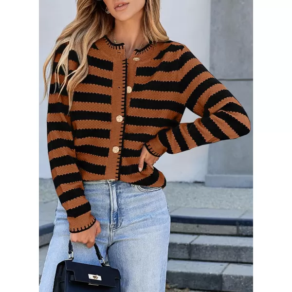 Sidefeel Womens Cardigan Sweaters Striped Open Front Button Down Knitted Coat Cropped Fall Fashion OutwearBrown Stripe