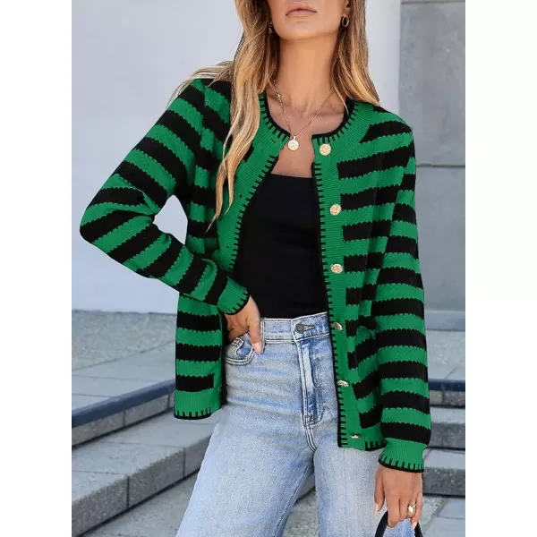 Sidefeel Womens Cardigan Sweaters Striped Open Front Button Down Knitted Coat Cropped Fall Fashion OutwearGreen Stripe