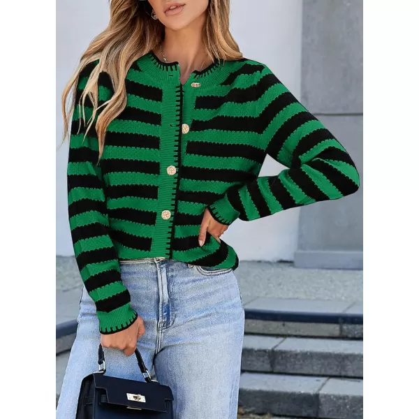 Sidefeel Womens Cardigan Sweaters Striped Open Front Button Down Knitted Coat Cropped Fall Fashion OutwearGreen Stripe