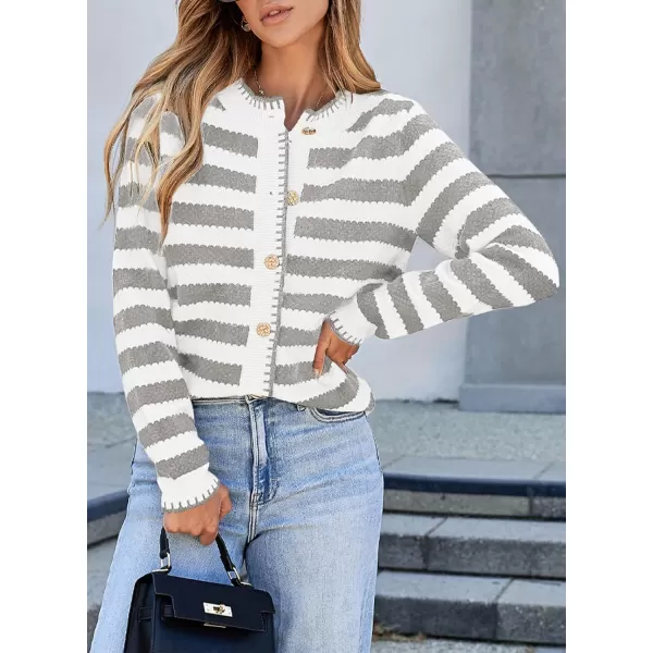 Sidefeel Womens Cardigan Sweaters Striped Open Front Button Down Knitted Coat Cropped Fall Fashion OutwearLight Gray Stripe
