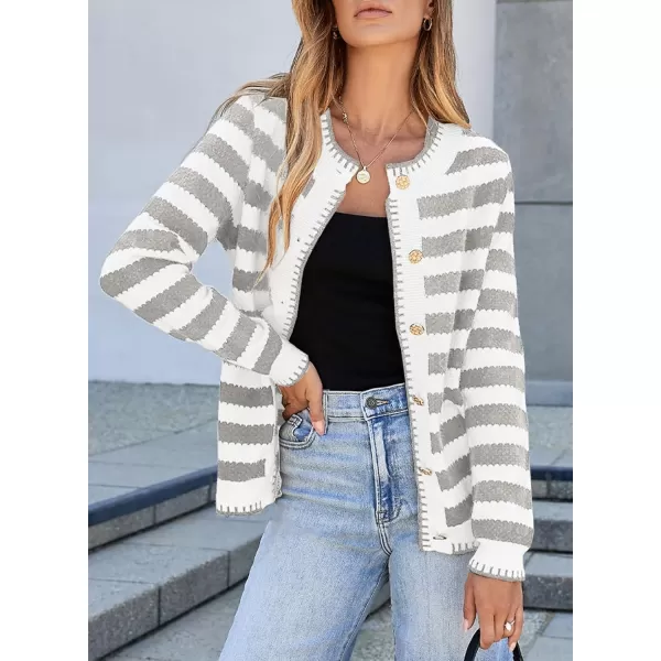 Sidefeel Womens Cardigan Sweaters Striped Open Front Button Down Knitted Coat Cropped Fall Fashion OutwearLight Gray Stripe