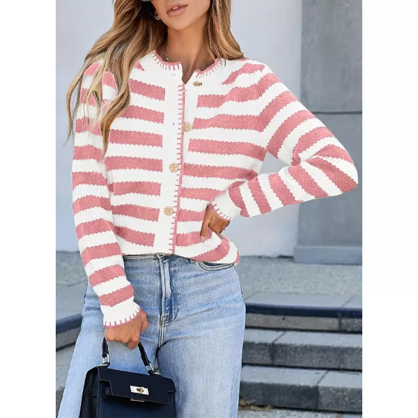 Sidefeel Womens Cardigan Sweaters Striped Open Front Button Down Knitted Coat Cropped Fall Fashion OutwearLight Pink Stripe