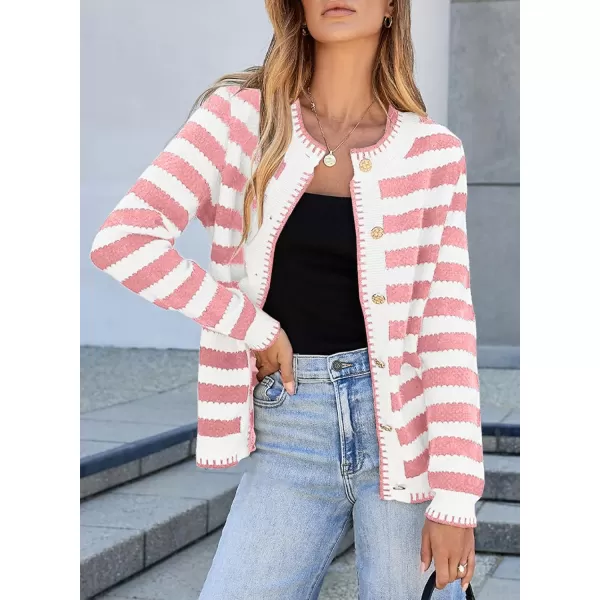 Sidefeel Womens Cardigan Sweaters Striped Open Front Button Down Knitted Coat Cropped Fall Fashion OutwearLight Pink Stripe