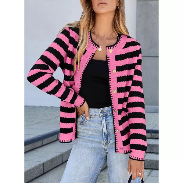 Sidefeel Womens Cardigan Sweaters Striped Open Front Button Down Knitted Coat Cropped Fall Fashion OutwearPink Stripe