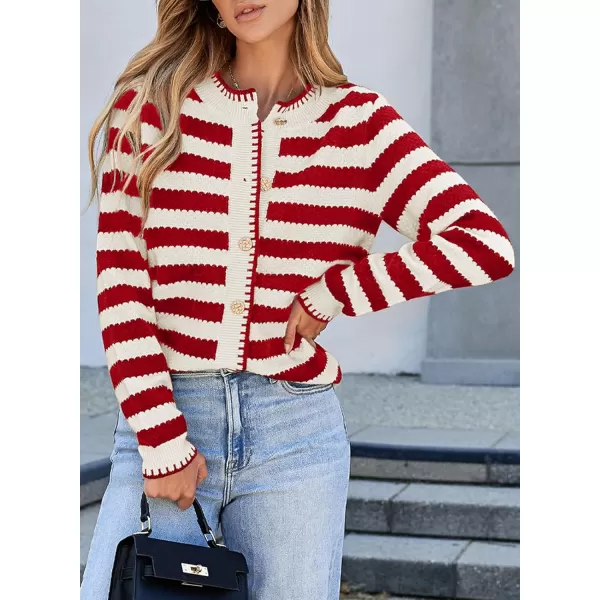 Sidefeel Womens Cardigan Sweaters Striped Open Front Button Down Knitted Coat Cropped Fall Fashion OutwearRed Stripe