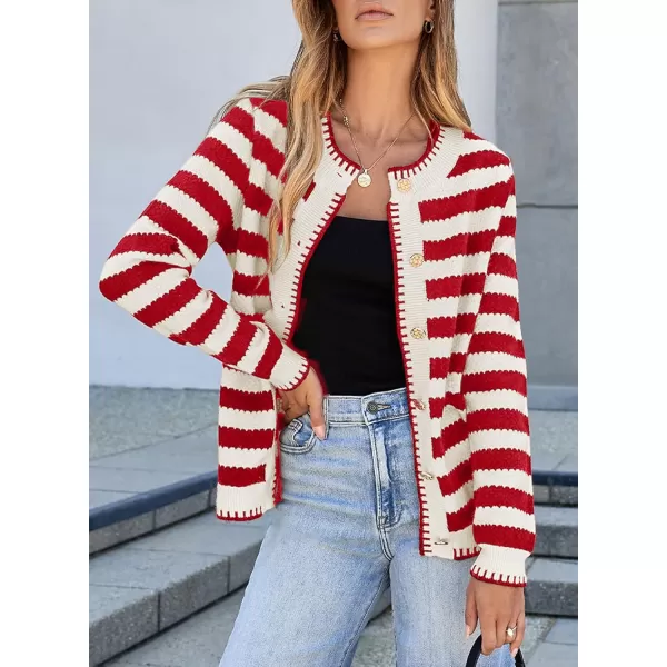 Sidefeel Womens Cardigan Sweaters Striped Open Front Button Down Knitted Coat Cropped Fall Fashion OutwearRed Stripe