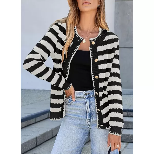 Sidefeel Womens Cardigan Sweaters Striped Open Front Button Down Knitted Coat Cropped Fall Fashion OutwearWhite Stripe