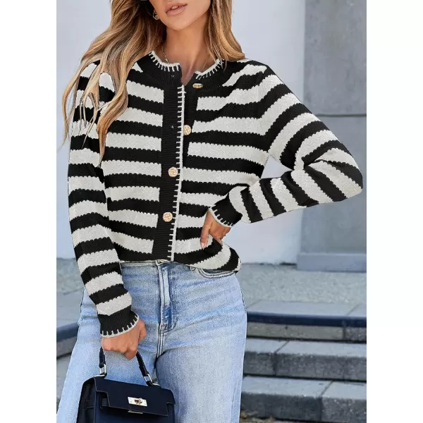 Sidefeel Womens Cardigan Sweaters Striped Open Front Button Down Knitted Coat Cropped Fall Fashion OutwearWhite Stripe