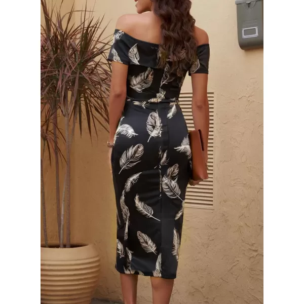 Sidefeel Womens Casual Off The Shoulder Floral Print Ruched High Slit Bodycon Evening Party DressBlack Leafs