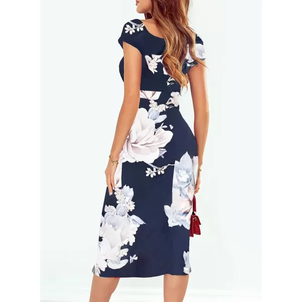 Sidefeel Womens Casual Off The Shoulder Floral Print Ruched High Slit Bodycon Evening Party DressBlue Flowers