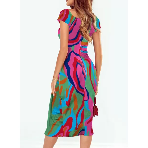Sidefeel Womens Casual Off The Shoulder Floral Print Ruched High Slit Bodycon Evening Party DressHot Pink Abstract