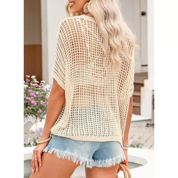 Sidefeel Womens Crochet Tops Short Sleeve Sweater 2024 Fashion Hollow Out Scoop Neck Pullover Knit Tops Cover UpsApricot