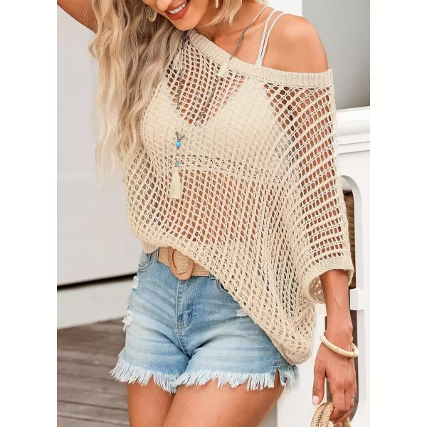 Sidefeel Womens Crochet Tops Short Sleeve Sweater 2024 Fashion Hollow Out Scoop Neck Pullover Knit Tops Cover UpsApricot