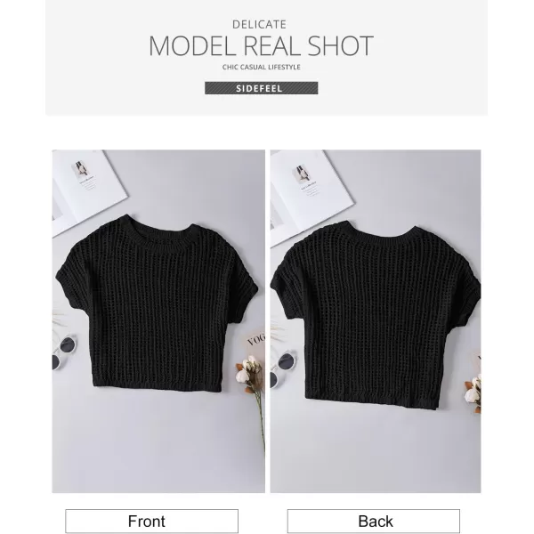 Sidefeel Womens Crochet Tops Short Sleeve Sweater 2024 Fashion Hollow Out Scoop Neck Pullover Knit Tops Cover UpsBlack