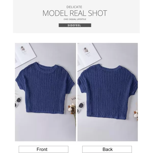 Sidefeel Womens Crochet Tops Short Sleeve Sweater 2024 Fashion Hollow Out Scoop Neck Pullover Knit Tops Cover UpsBlue