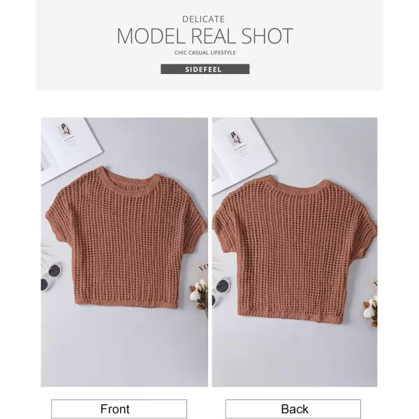 Sidefeel Womens Crochet Tops Short Sleeve Sweater 2024 Fashion Hollow Out Scoop Neck Pullover Knit Tops Cover UpsCoffee