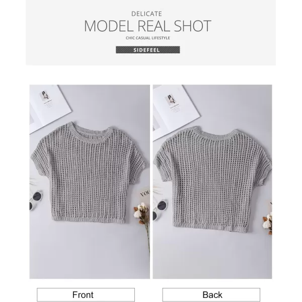 Sidefeel Womens Crochet Tops Short Sleeve Sweater 2024 Fashion Hollow Out Scoop Neck Pullover Knit Tops Cover UpsGray