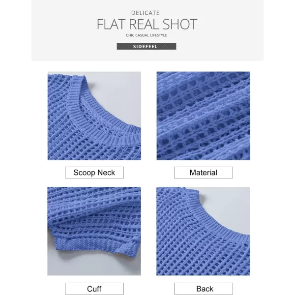 Sidefeel Womens Crochet Tops Short Sleeve Sweater 2024 Fashion Hollow Out Scoop Neck Pullover Knit Tops Cover UpsLight Blue