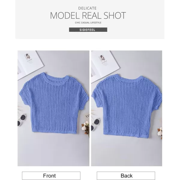 Sidefeel Womens Crochet Tops Short Sleeve Sweater 2024 Fashion Hollow Out Scoop Neck Pullover Knit Tops Cover UpsLight Blue