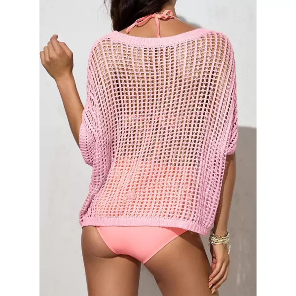 Sidefeel Womens Crochet Tops Short Sleeve Sweater 2024 Fashion Hollow Out Scoop Neck Pullover Knit Tops Cover UpsPink