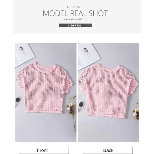 Sidefeel Womens Crochet Tops Short Sleeve Sweater 2024 Fashion Hollow Out Scoop Neck Pullover Knit Tops Cover UpsPink